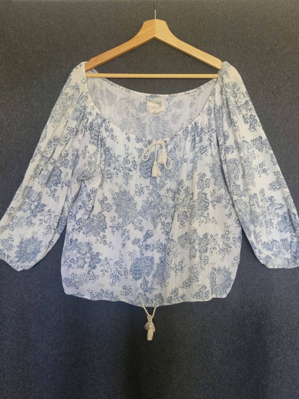 Denim & Supply Ralph Lauren Boho Blue White Toile Floral Top Peasant Countryside
